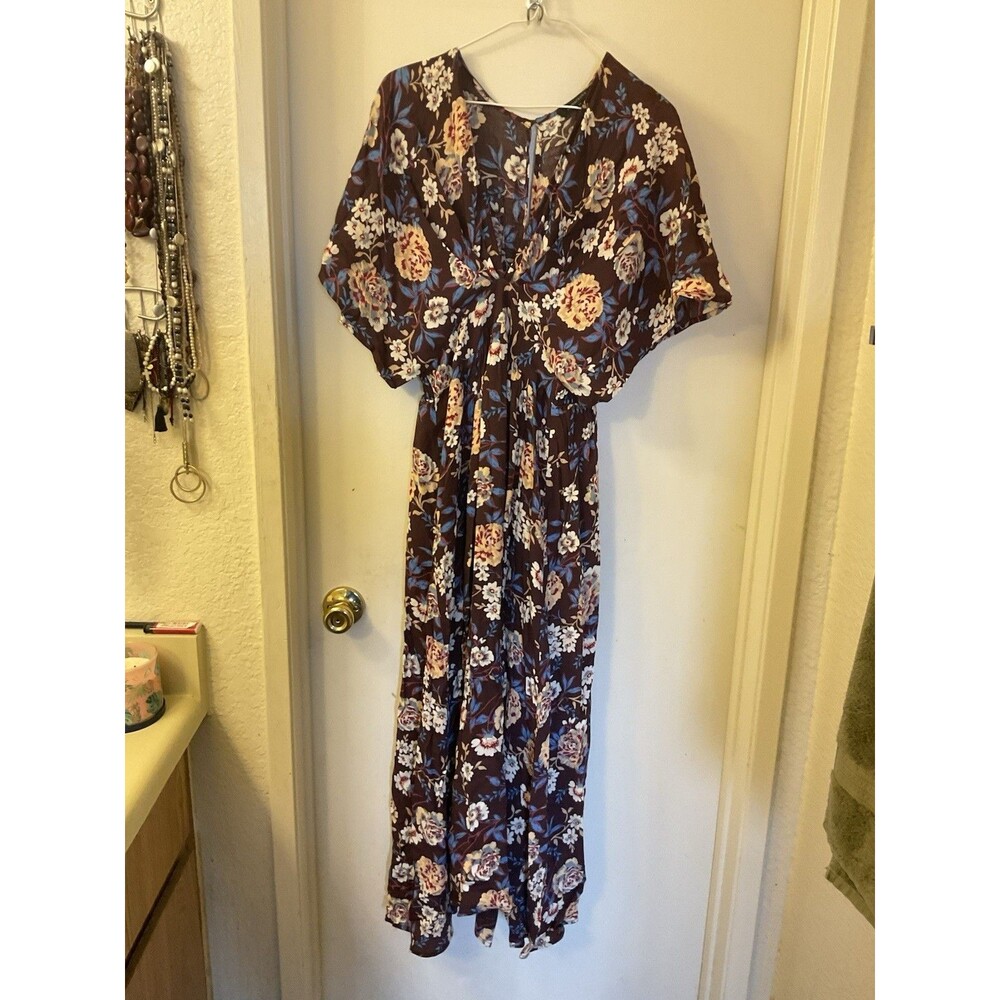 Olivaceous Floral Midi Dress Women's Size M Brown Blue Red Short Sleeve Boho